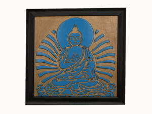 A beautifully hand-carved wooden painting of Lord Buddha, exuding peace and spiritual calm.