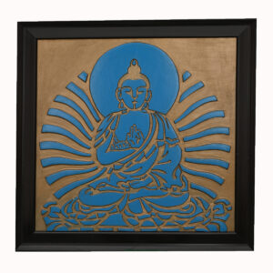 A beautifully hand-carved wooden painting of Lord Buddha, exuding peace and spiritual calm.